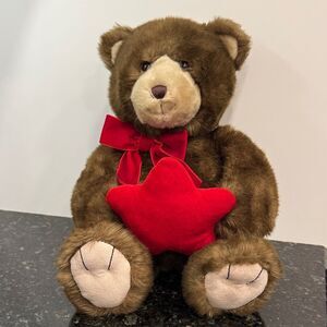 GUND Brown Teddy Bear Plush Red Star Ring Jewelry Holder Bow Stuffed Animal